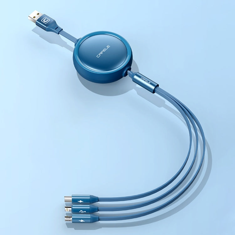 CAFELE 3 EN 1 8 PIN + Micro USB + Tipo-C / USB-C Cable de Carga telescópico longitud: 1.2m (Azul)