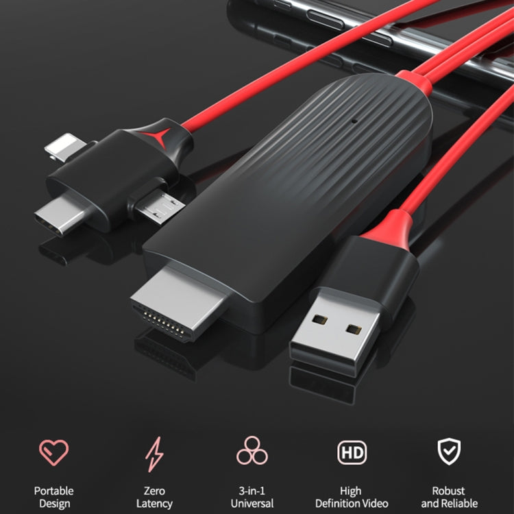 Mirascreen L7-8 Câble convertisseur vidéo HDMI 3 en 1 8 broches + Micro USB + USB-C / Type C / Type AC Longueur du câble : 2 m