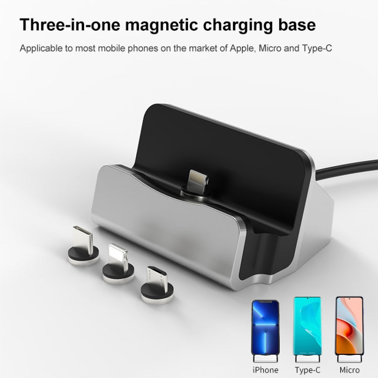 XBX-01 Station de chargement magnétique 3 en 1 8 broches + USB-C / Type C + Micro USB (Argent)