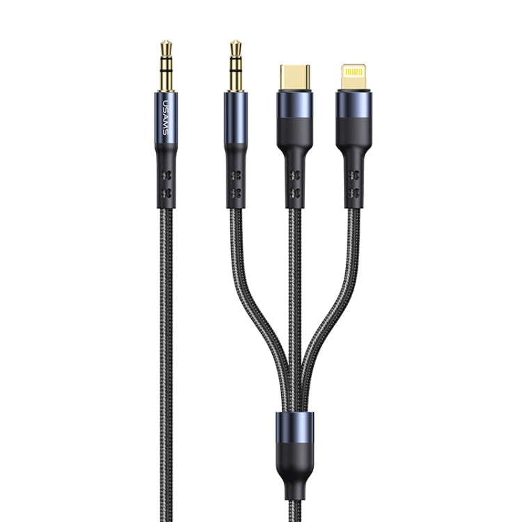 USAMS US-SJ556 3.5mm to 3.5mm + Type-C / USB-C + 8 PIN Aluminum Alloy Audio Adapter Cable Length: 1.2m (Tarnish)