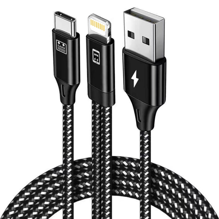 A02-LU 8 pin a Tipo C / USB-C + USB OTG Nylon Braid Cable de Carga longitud: 1.5m + 1.2m