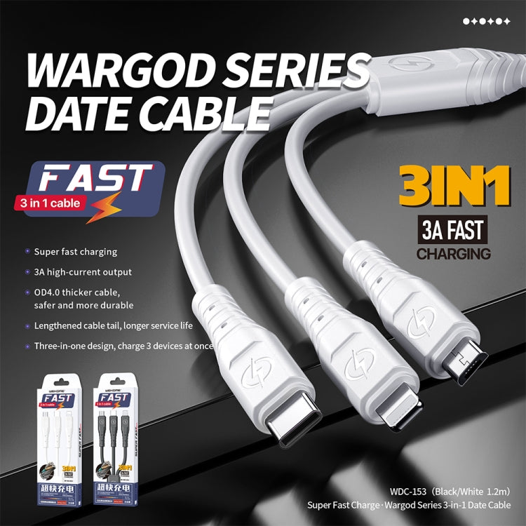 WK WDC-153 8 BROCHES + TYPE-C / USB-C + Micro USB 3 en 1 Câble de charge rapide Longueur du cordon : 1,2 m (Blanc)
