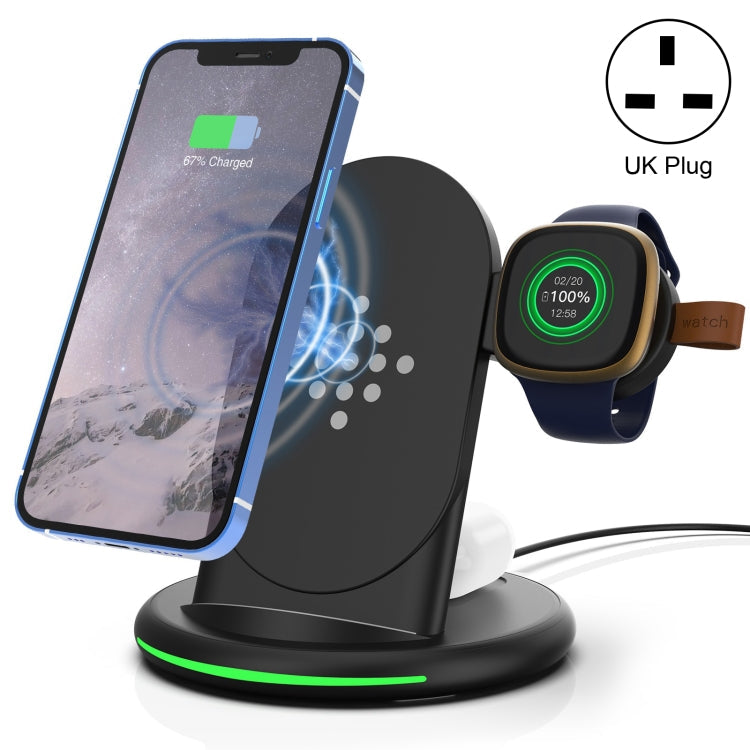 W-02C Vertical Magnetic 3 in 1 Wireless Charger UK Plug (Black)