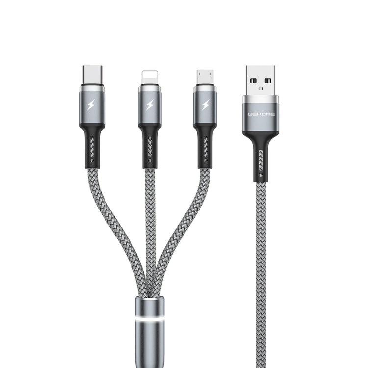 WK WDC-1191.2m 2.4A 3 in 1 USB to 8Pin + Micro USB + USB-C / Type-C Fython Luminous Charging Cable (Silver)