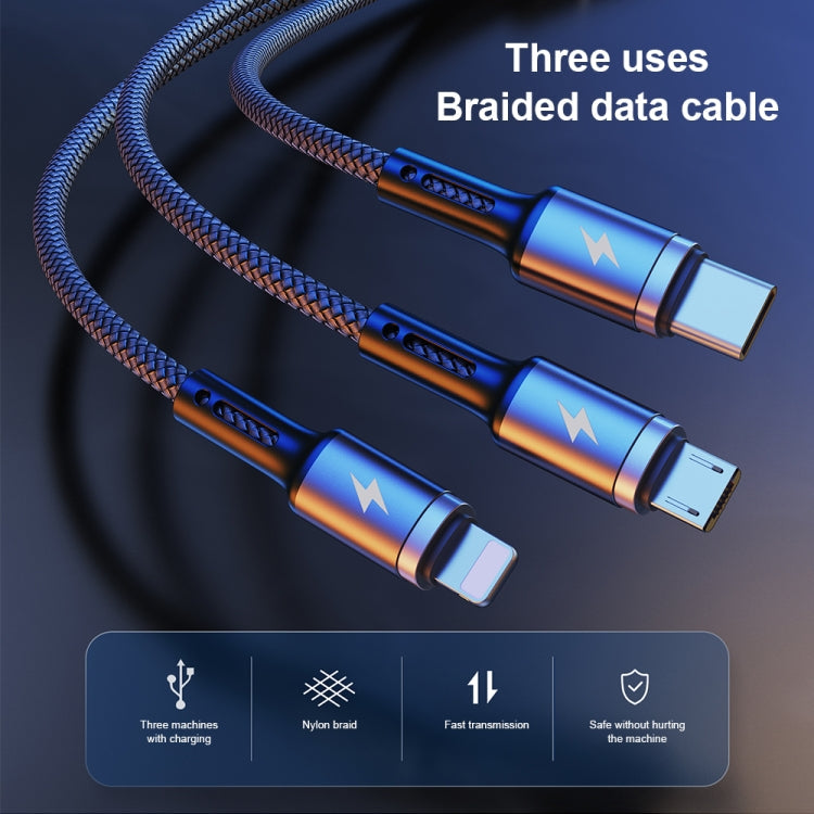 WK WDC-1191.2m 2.4A 3 in 1 USB to 8Pin + Micro USB + USB-C / Type-C Fython Luminous Charging Cable (Silver)
