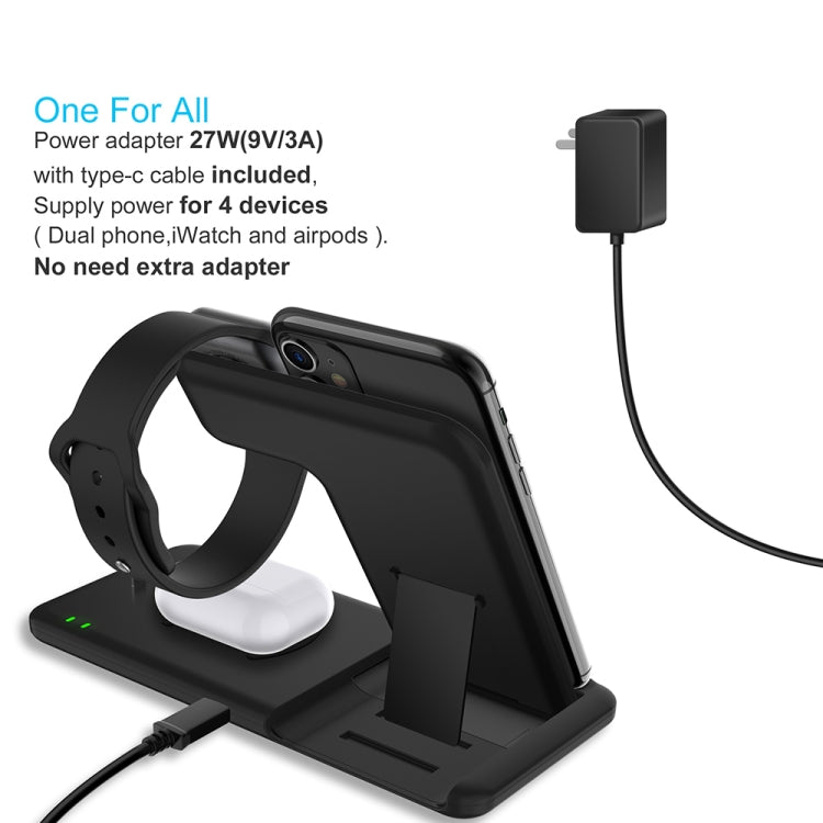 Q20 4 in 1 Wireless Charger Charging Stand Dock Station with Adapter for iPhone / Apple Watch / AirPods Dual Phone Charging Stand (Black)