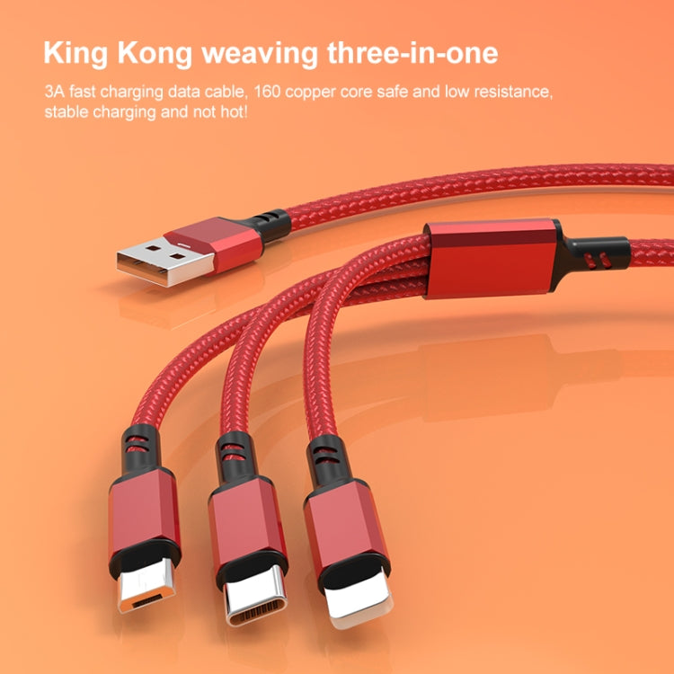 Prise Orange 3A 3 en 1 USB vers Type C / 8 broches / Micro USB Câble de charge rapide Longueur du câble : 1,2 m (Bleu)