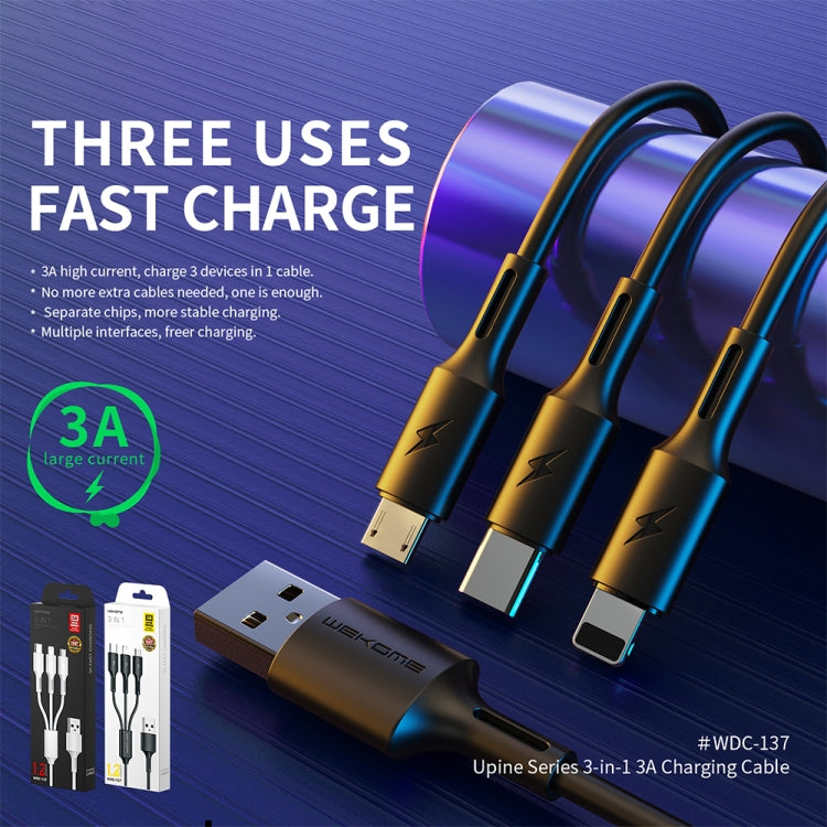 WK WDC-137 3 en 1 USB vers Micro USB / 8 BROCHES + USB-C / TYPE-C 3A Câble de Charge Rapide (Noir)