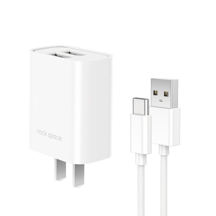 Space Rock T22 Pro 2.1A Dual USB Port Travel Charger + S08 USB to USB-C / TYPE-C Data Cable CN Plug (White)