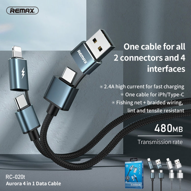 Remax RC-020T 2.4A AURORA Series 4 en 1 8 broches + USB + 2 x Type-C SNYC Câble de charge Longueur du câble : 1 m (Argent)
