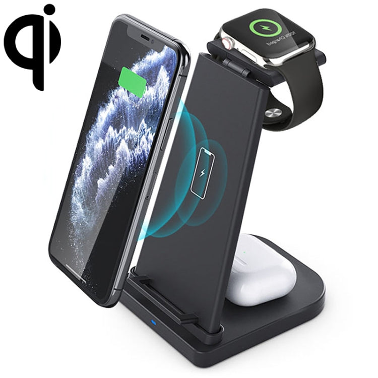 10W 3 in 1 Vertical Multifunction QC 3.0 Wireless Charger with Stand Function Suitable for Mobile Phones / Apple Watch / AirPods (Black)
