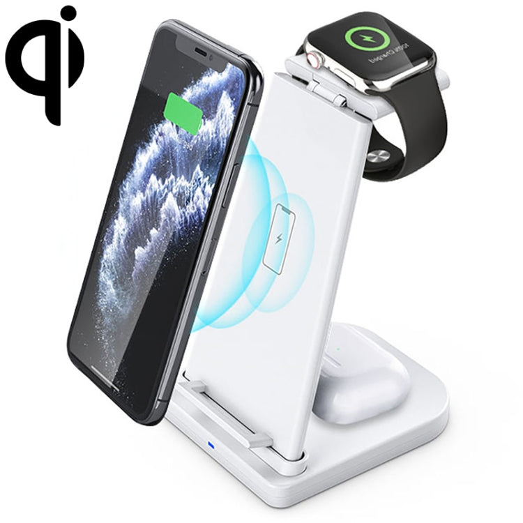 Chargeur sans fil QC 3.0 multifonction vertical 10W 3 en 1 avec fonction de support adapté aux téléphones mobiles / Apple Watch / AirPods (Blanc)