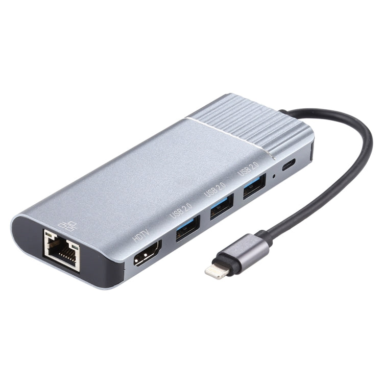 6 in 1 USB 2.0 x 3 + HDMI + RJ45 + 8 Pin Female Charging Port to 8 Pin Male Multifunction Docking Station Adapter