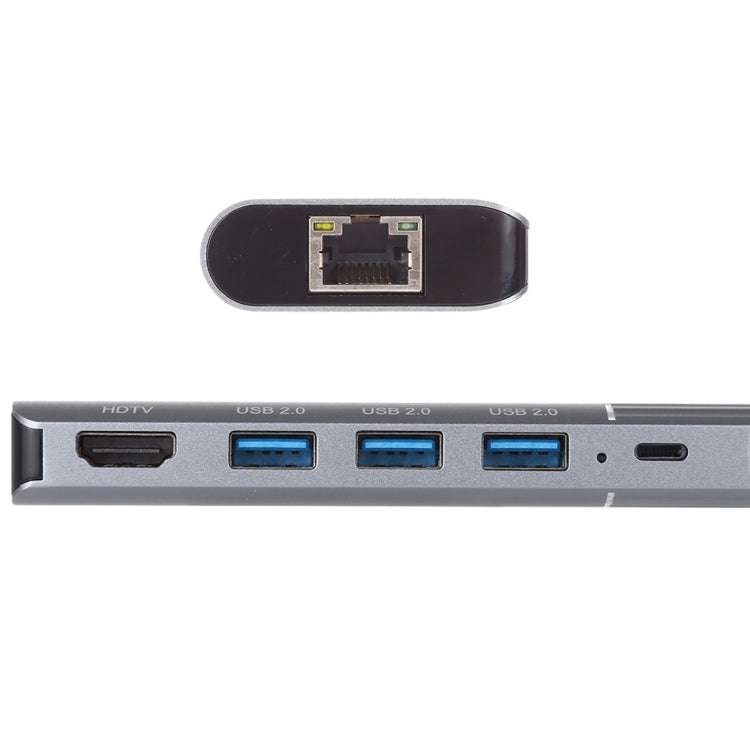6 in 1 USB 2.0 x 3 + HDMI + RJ45 + 8 Pin Female Charging Port to 8 Pin Male Multifunction Docking Station Adapter