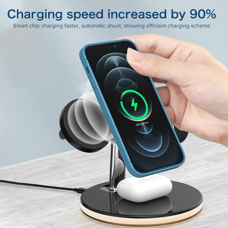 3 in 1 15W Multifunction Magnetic Wireless Charger for Mobile Phones and Apple Watches and Airpods 1 / 2 / Pro with Colorful LED Light (Black)