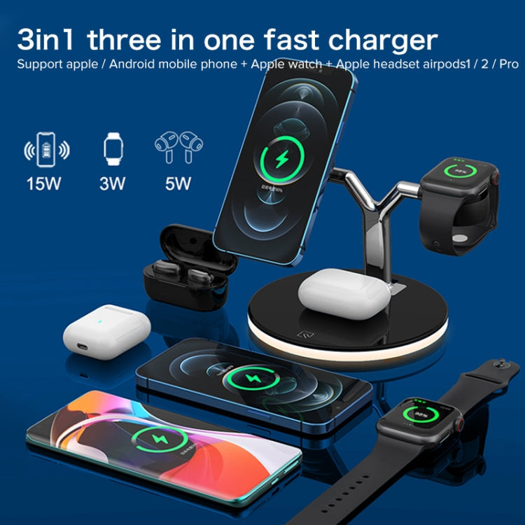 Chargeur sans fil magnétique multifonction 3 en 1 15W pour téléphones mobiles et montres Apple et Airpods 1/2/Pro avec lumière LED colorée (Blanc)