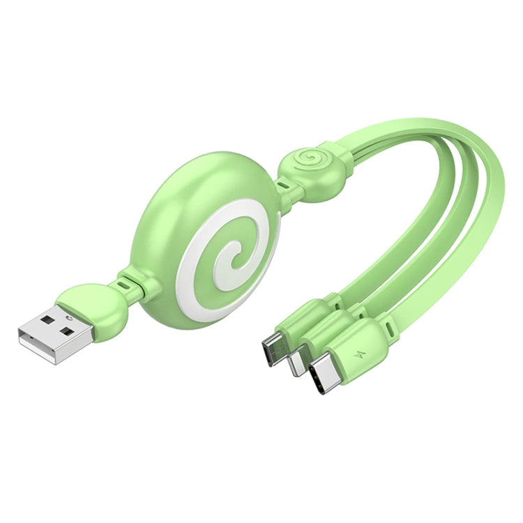 SJX-CB04 5A USB to 8 Pin + USB-C / Type-C + Micro USB 3 in 1 Retractable Fast Charging Data Cable (Green)