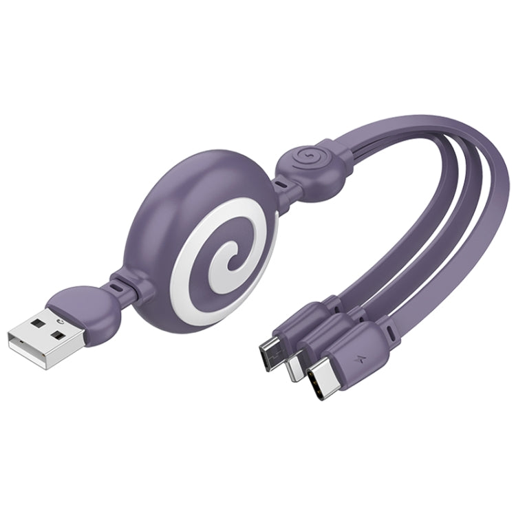 SJX-CB04 5A USB to 8 Pin + USB-C / Type-C + Micro USB 3 in 1 Retractable Fast Charging Data Cable (Purple)