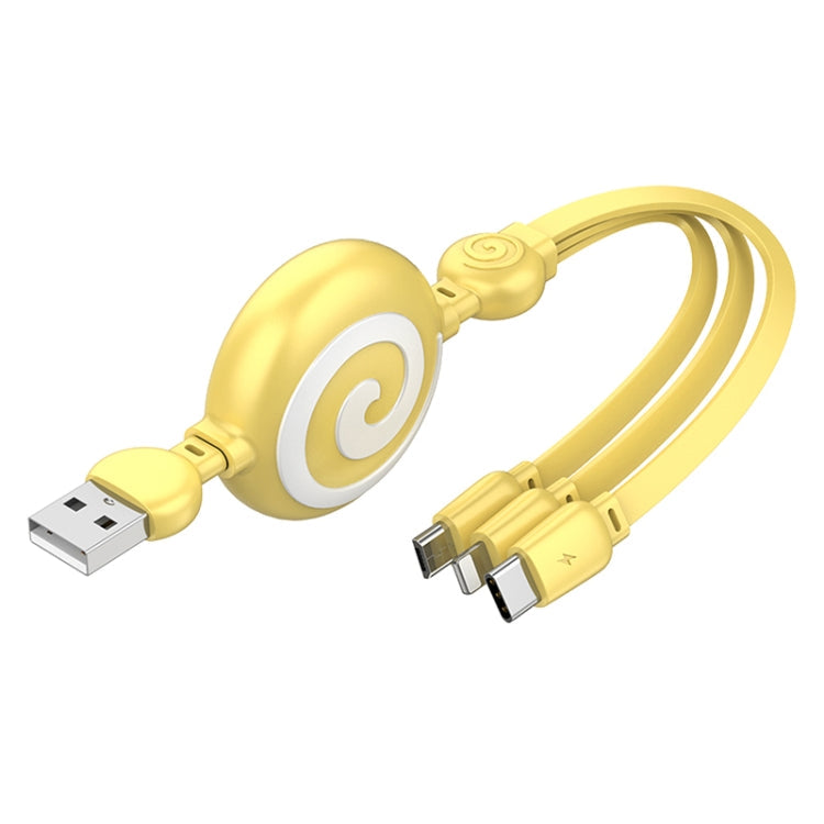 SJX-CB04 5A USB vers 8 broches + USB-C / Type-C + Micro USB Câble de données de charge rapide rétractable 3 en 1 (Jaune)