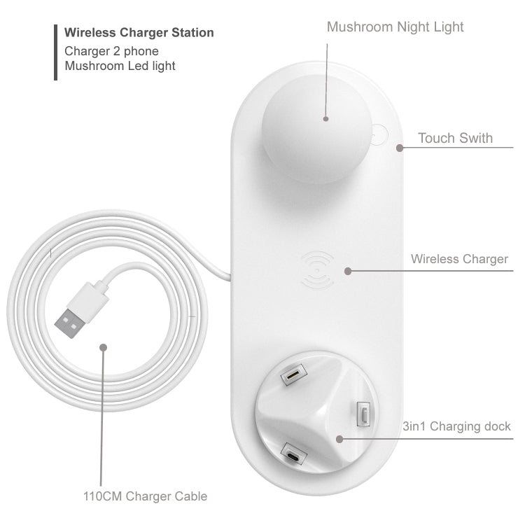 HQ-UD11 10W 4 en 1 Chargeur sans fil rapide pour téléphone portable avec lumière LED champignon et support de téléphone Longueur: 1,2 m (Blanc)