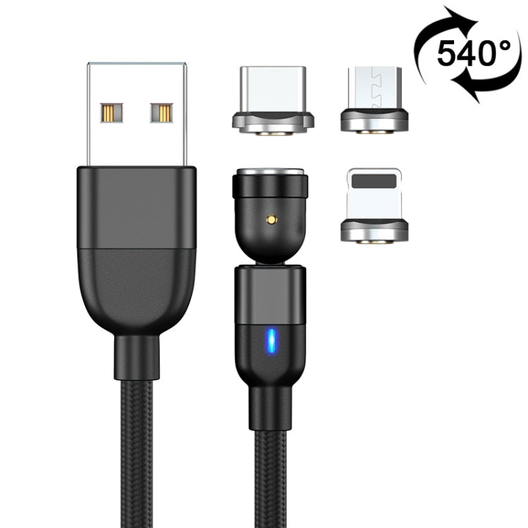 2m 3A Sortie 3 en 1 USB vers 8 Broches + USB-C / Type-C + Micro USB Câble de Charge de Synchronisation de Données Magnétique Rotatif à 540 Degrés (Noir)