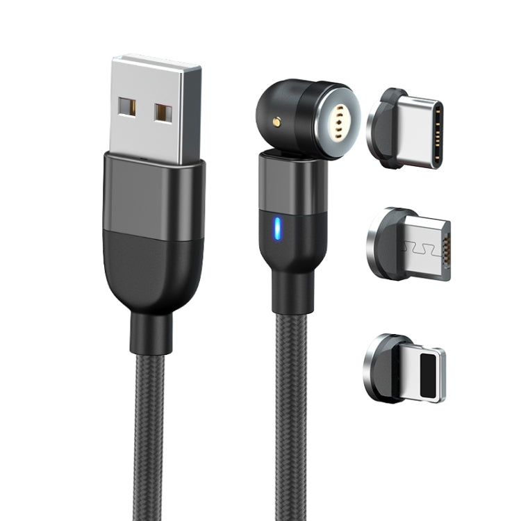 2m 3A Output 3 in 1 USB to 8 Pin + USB-C / Type-C + Micro USB 540 Degree Rotatable Magnetic Data Sync Charging Cable (Black)