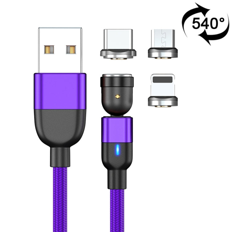 2m 3A Output 3 in 1 USB to 8 Pin + USB-C / Type-C + Micro USB 540 Degree Rotatable Magnetic Data Sync Charging Cable (Purple)