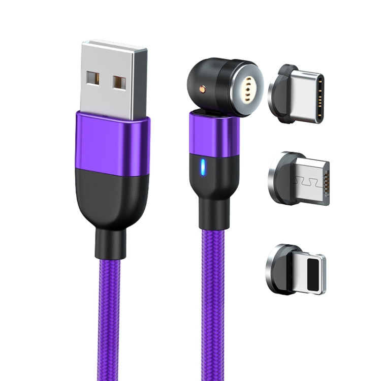 2m 3A Sortie 3 en 1 USB à 8 Broches + USB-C / Type-C + Micro USB Câble de Charge de Synchronisation de Données Magnétique Rotatif à 540 Degrés (Violet)