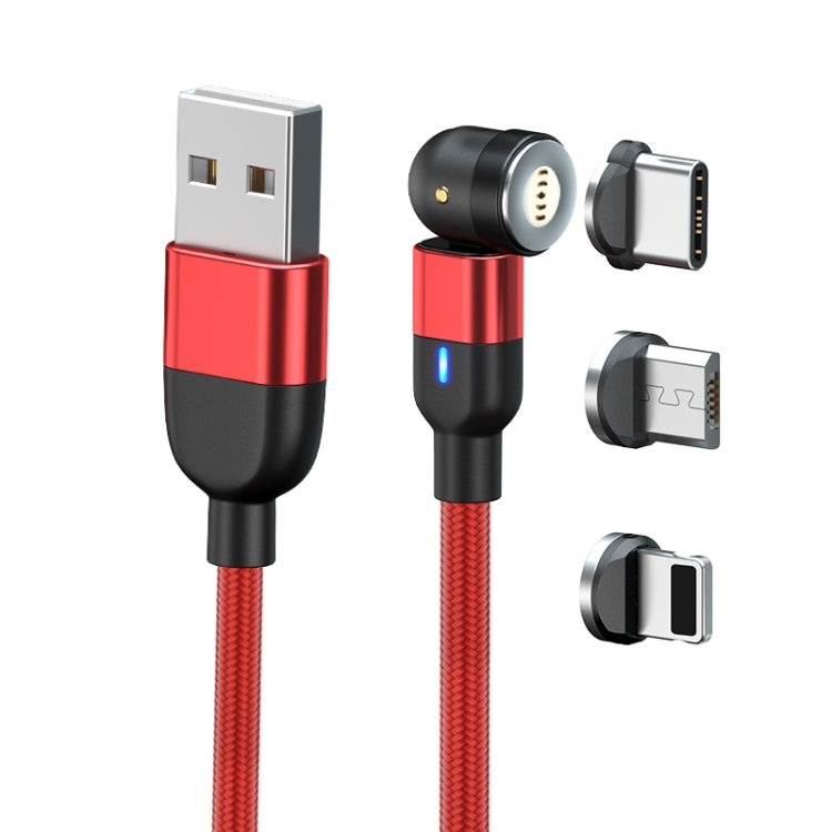 2m 3A Output 3 in 1 USB to 8 Pin + USB-C / Type-C + Micro USB 540 Degree Rotatable Magnetic Data Sync Charging Cable (Red)