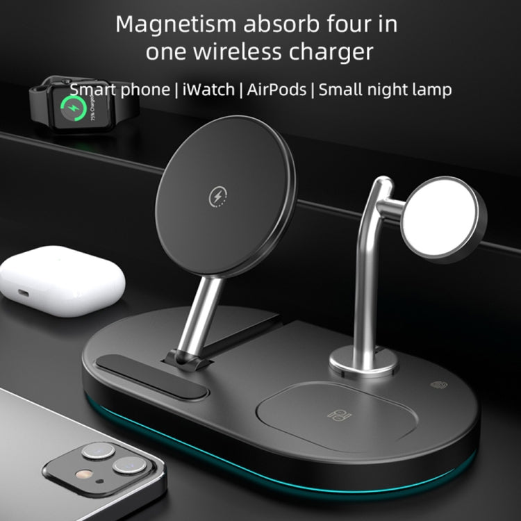 Chargeur sans fil magnétique multifonction S20 4 en 1 15 W avec lumière et support pour téléphones portables/Airpods (noir)