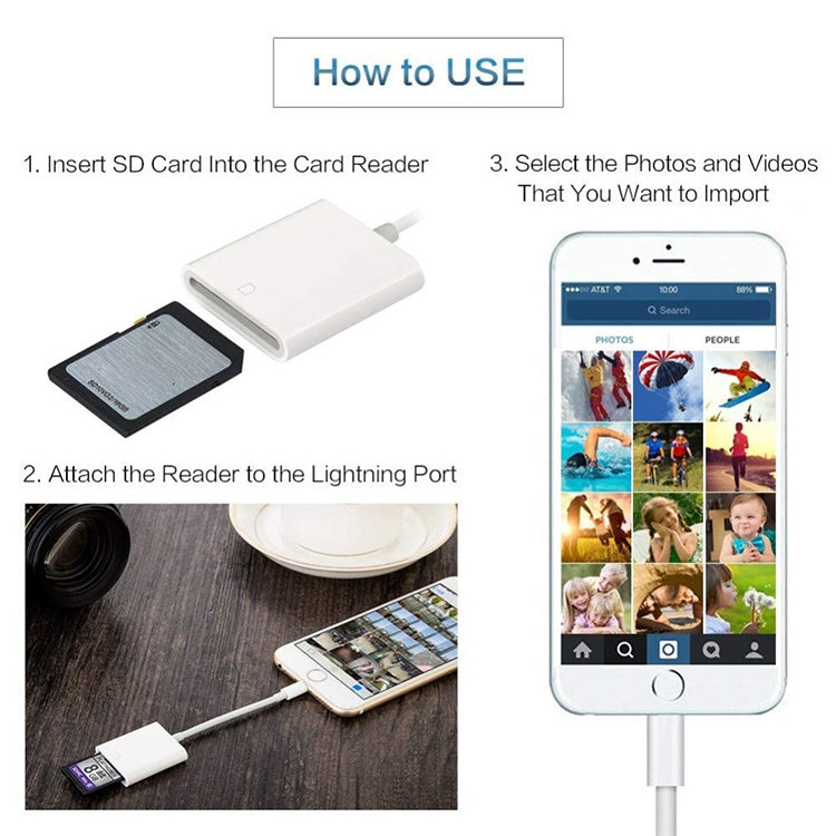 8 Pin to SD Card Camera Reader Adapter Compatible with iOS 9.2-11 System for iPhone iPad (White)