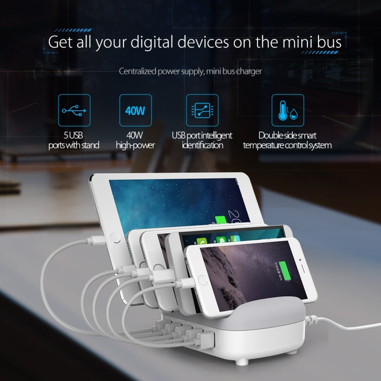 ORICO DUK-5P 40W 5 Puertos USB Estación de Carga Inteligente con soporte de Teléfono y tableta (Blanco)