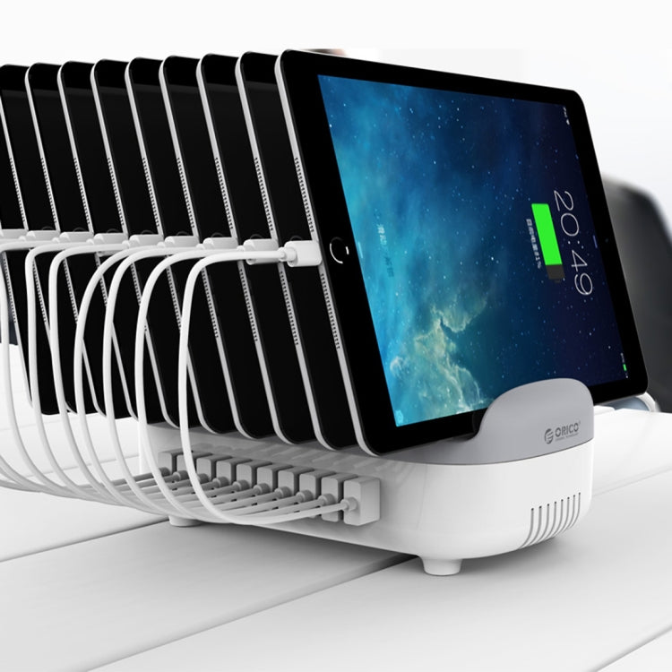 Station de charge intelligente ORICO DUK-10P 120W 10 ports USB avec support pour téléphone et tablette (Blanc)