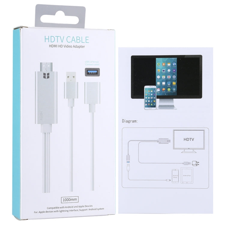 Câble de convertisseur vidéo HDTV USB 3.0 femelle HDMI HD 1080P pour iPhone X / iPhone 7 / iPhone 6s et 6s Plus et autres appareils Apple / Android (Argent)