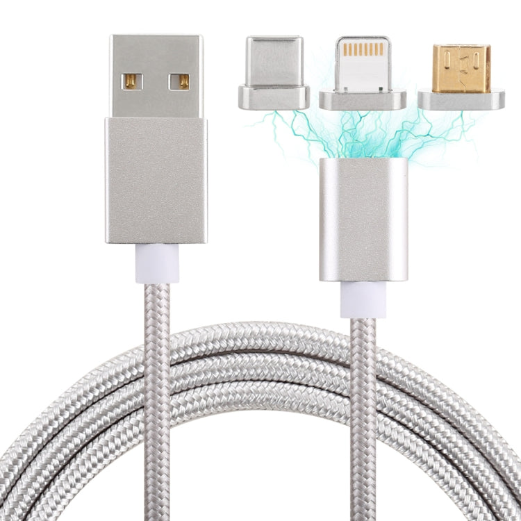 1m 3 in 1 USB to Micro USB + 8 Pin + USB-C / Type C Detachable Magnetic Cable for iPhone Galaxy Huawei Xiaomi HTC Sony and Other Smartphones (Silver)