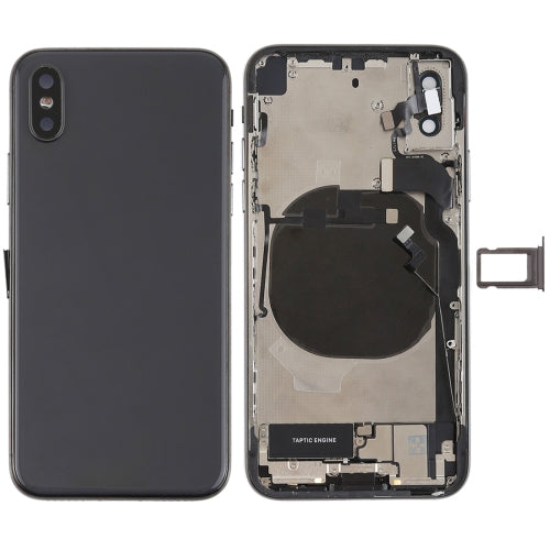Battery Back Cover Assembly with Side Keys Vibrator Loudspeaker and Power Button + Volume Button Flex Cable Card Tray and Battery Adhesive for iPhone X (Black)