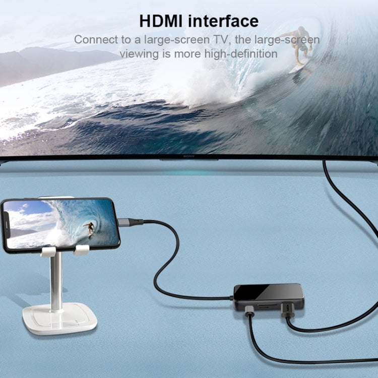 8 in 1 USB 3.0 x 2 + HDMI + VGA + SD / TF + 3.5mm Audio Port + 8 Pin Female to 8 Pin Male Multifunction HUB Adapter