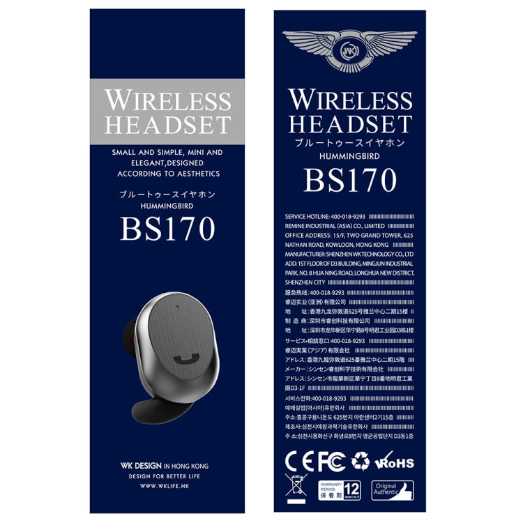 WK BS170 Bluetooth 4.2 Auricular Bluetooth Inalámbrico Individual llamada de soporte y aviso de voz Inteligente y batería de Pantalla IOS (Blanco)