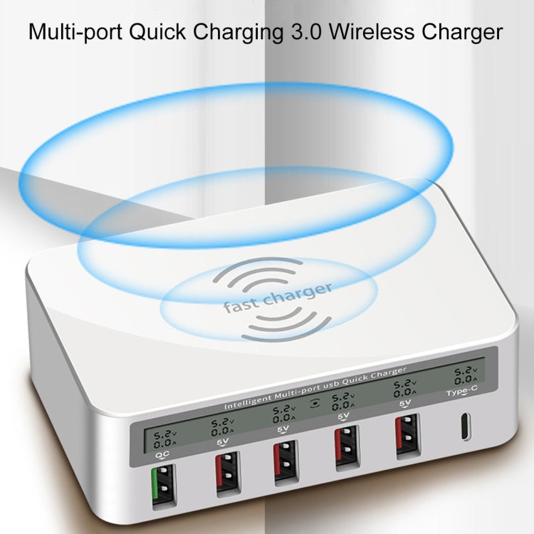 WLX-818F 6 in 1 10W QC3.0 Wireless Charging + USB-C/Type-C + 4 USB Ports Charger with Smart LCD Display EU/AU Plug