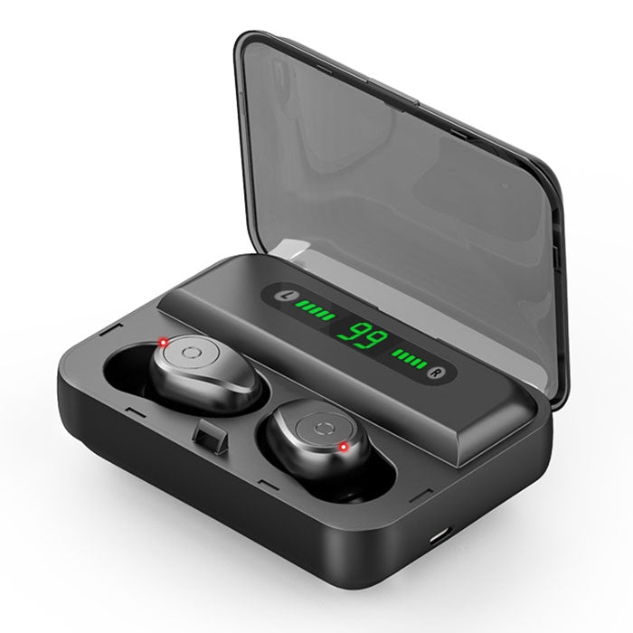 F9 TWS V5.0 Bi-Ear Wireless Stereo Bluetooth Headphones with Charging Case and Digital Display (Black)