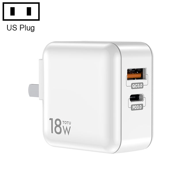 Totudesign HTY-0902000 Sharp Series 18W PD + QC 3.0 Dual USB Travel Charger Power Adapter US Plug (White)