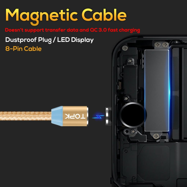 TOPK Cable de Carga Magnético trenzado de Nylon de 1 m 2.4 A máx. A 8 Pines con indicador LED (Dorado)