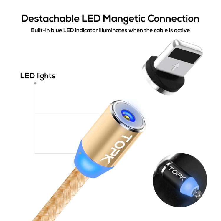 Câble de charge magnétique en nylon tressé TOPK 1 m 2,4 A max. A 8 broches avec indicateur LED (or)