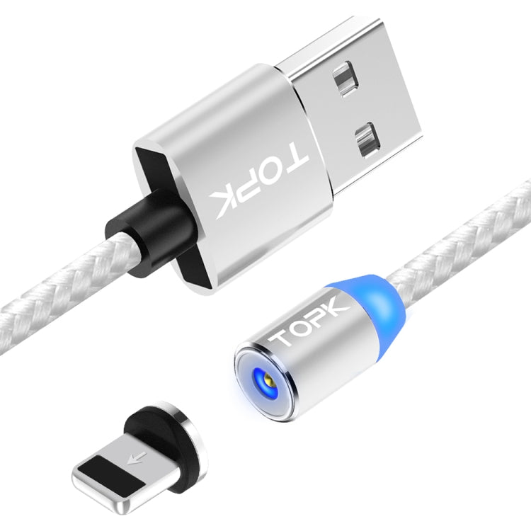 TOPK 1m 2.4A Max USB to 8 Pin Nylon Braided Magnetic Charging Cable with LED Indicator (Silver)