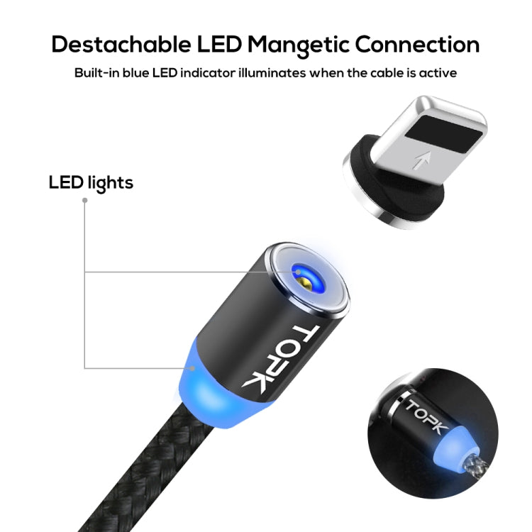 TOPK 2m 2.4A Max USB vers 8 Broches Nylon Câble de Charge Magnétique Tressé avec Indicateur LED (Noir)