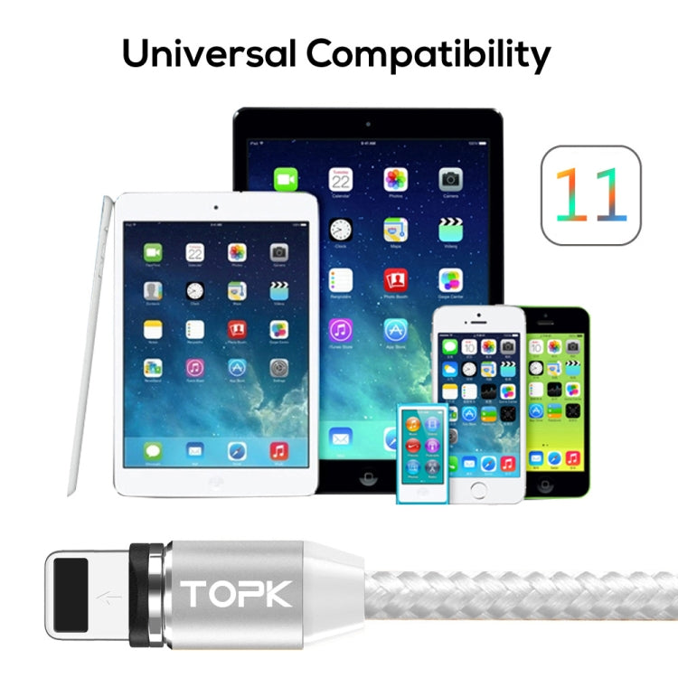 TOPK 2m 2.4A Max USB to 8 Pin Nylon Braided Magnetic Charging Cable with LED Indicator (Silver)