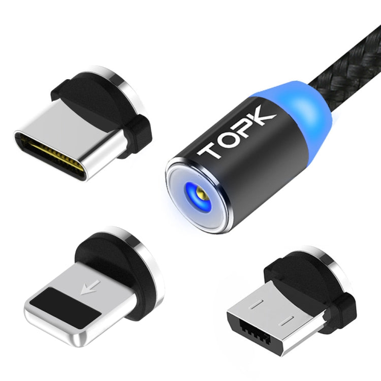 TOPK 1m 2.4A Max USB a 8 Pines + USB-C / Type-C + Micro USB Cable de Carga Magnético trenzado de Nylon con indicador LED (Negro)