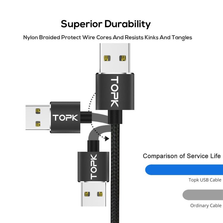 TOPK 1m 2.4A Max USB a 8 Pines + USB-C / Type-C + Micro USB Cable de Carga Magnético trenzado de Nylon con indicador LED (Negro)