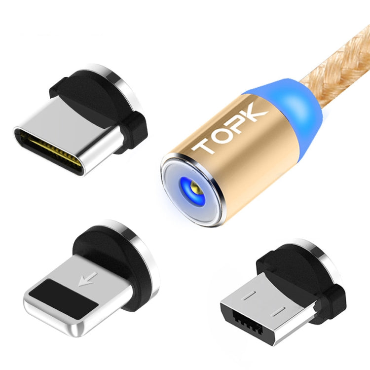 TOPK 1m 2.4A Max USB to 8 Pin + USB-C / Type-C + Micro USB Nylon Braided Magnetic Charging Cable with LED Indicator (Gold)