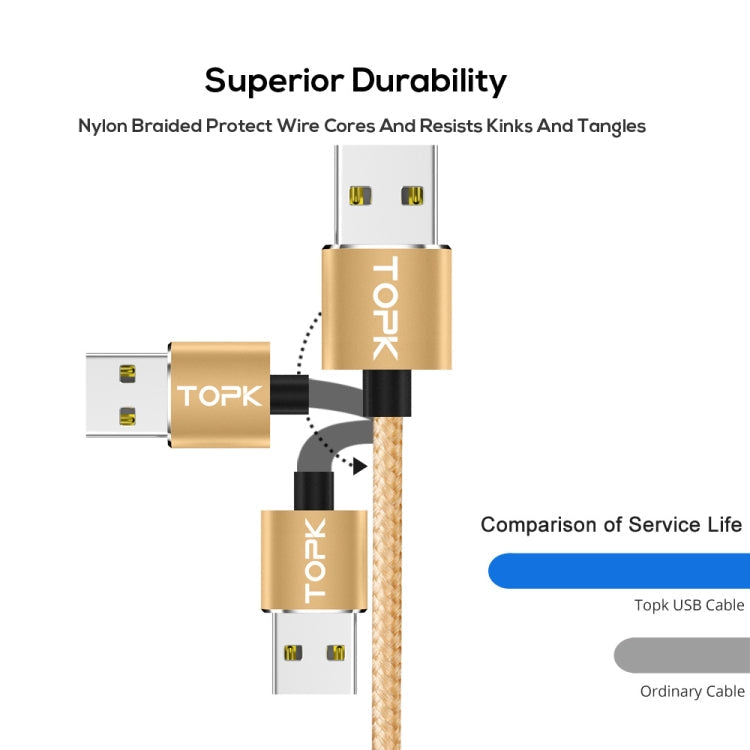 TOPK 1m 2.4A Max USB to 8 Pin + USB-C / Type-C + Micro USB Nylon Braided Magnetic Charging Cable with LED Indicator (Gold)